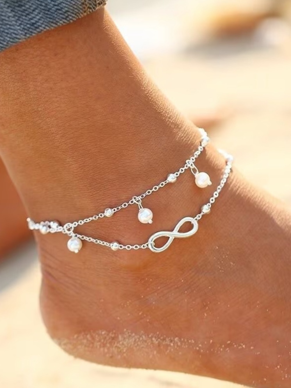 Silver Infinity & Charm Double Layer Anklet - Silver